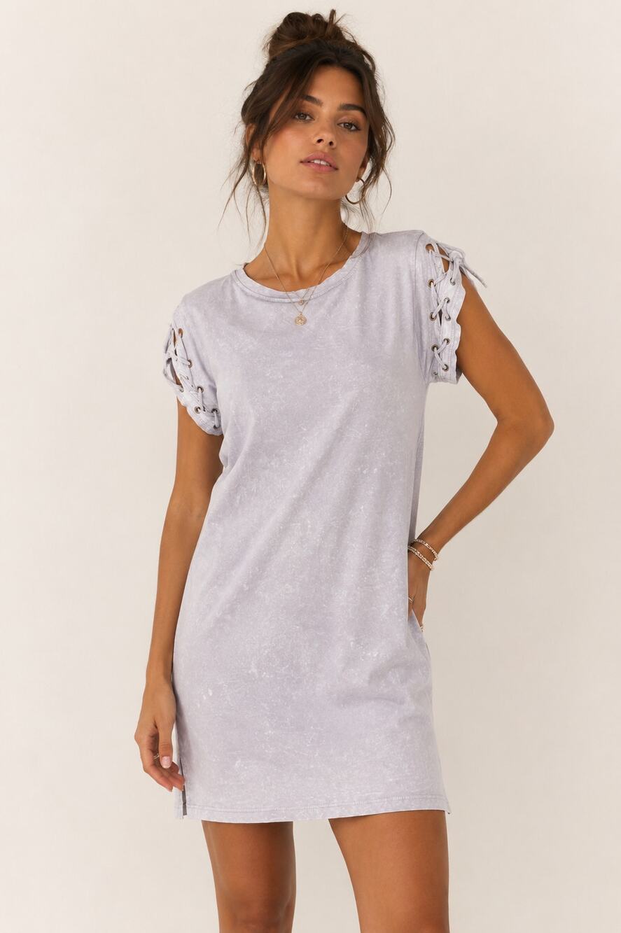 Religion Acid Wash Lace Up Sleeve T Shirt Dress Lilac Gray Size Large NWT